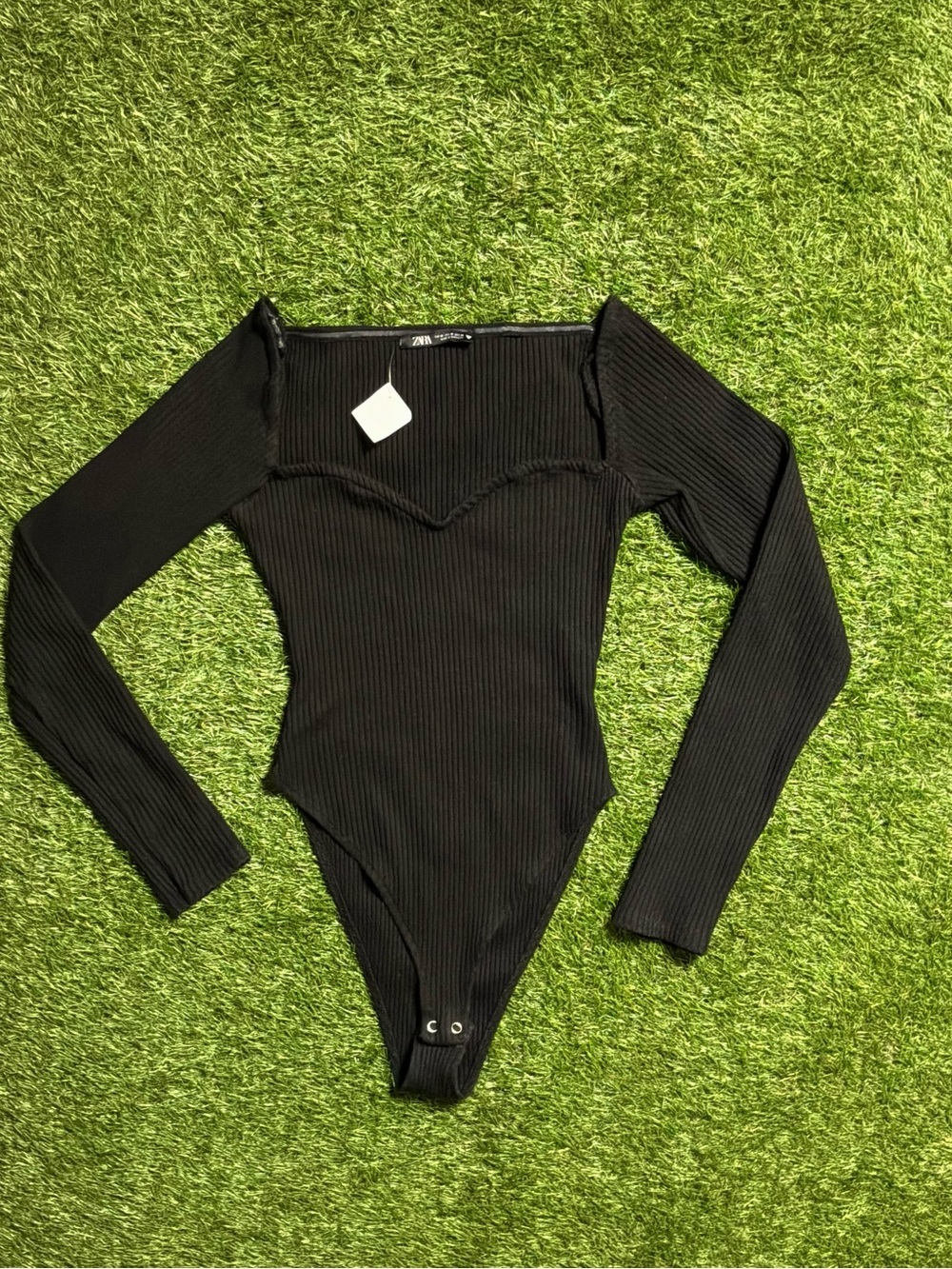 Zara Black Ribbed Sweetheart Neck Bodysuit Medium